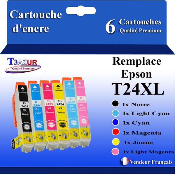 T3AZUR- 6x Cartouches Compatibles avec Epson 24XL 24 XL remplace Epson Expression Photo XP55 XP750 XP760 XP850 XP860 XP950 XP960 XP970