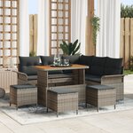 Ensemble de Canapé de Jardin de 9 Pièces avec Coussins Gris Poly Rattan Acacia