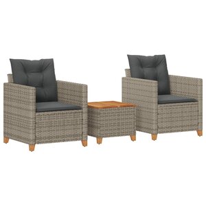 vidaXL Ensemble de bistro 3 Pièces et coussins gris résine tressée acacia
