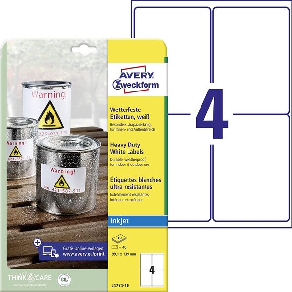 Boite de 40 etiquettes polyester inaltérable jet d'encre 139 2 x 99 1 mm blanche avery zweckform