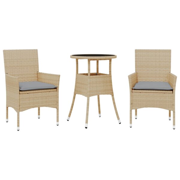 vidaXL Ensemble à manger de jardin et coussins 3 Pièces beige rotin verre