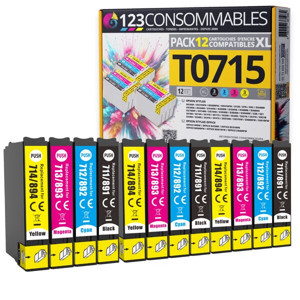 123CONSOMMABLES - T0715-12 Cartouches E711-E712-E713-E714 Compatible pour Epson T0715 - Compatible avec Epson Stylus SX218 SX400 SX510W SX515W DX7450 DX8450 (3 Noir / 3 Cyan / 3 Magenta / 3 Jaune)