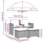 vidaXL Canapé de jardin 2 places et parasol tabourets gris clair rotin