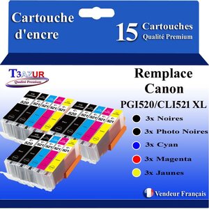 T3AZUR -15x Cartouches compatibles avec Canon PGI520 CLI-521 XL pour Canon Pixma MP620 MP630 MP640 MP980 MP990 MX860 MX870