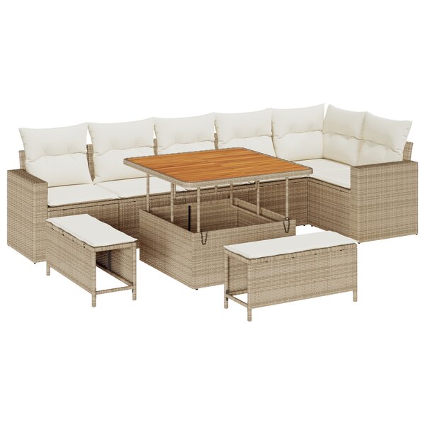 Ensemble de canapé de jardin 9 pièces avec coussins Beige Poly Rattan Acacia