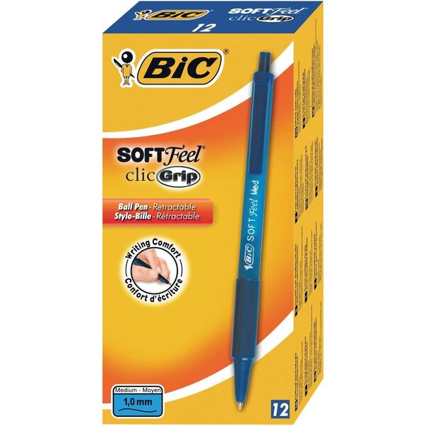 Stylo à bille rétractable Soft Feel Clic grip  bleu x 12 BIC