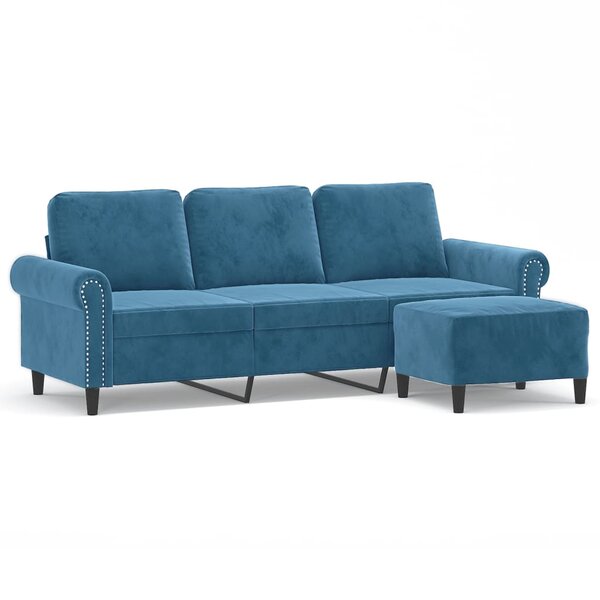 vidaXL Canapé à 3 places avec repose-pieds Bleu 180 cm Velours