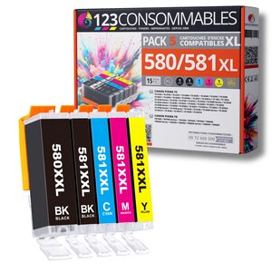 123CONSOMMABLES - 580XXL 581XXL - Cartouches d'encre Compatible avec Canon 581 580 XXL pour TS8150 TS6150 TS8250 TS6151 TR8550 TR7550 TS8151 TS9150 (2 Noir / 1 Cyan / 1 Magenta / 1 Jaune)