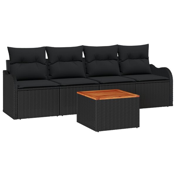 Ensemble de Canapés de Jardin de 5 Pièces avec Coussins Noir Poly Rattan Acacia