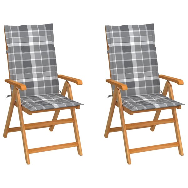 vidaXL Chaises de jardin lot de 2 et coussins à carreaux gris Teck