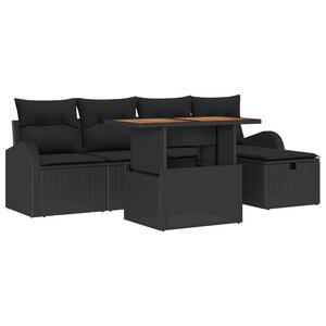 Canapé de jardin 6 pièces avec coussins en poly rotin noir