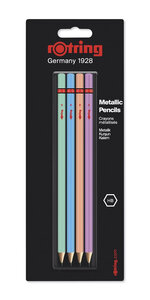 rOtring  Set de 4 Crayons en bois Métalliques HB : Vert  Bleu  Orange et Rose