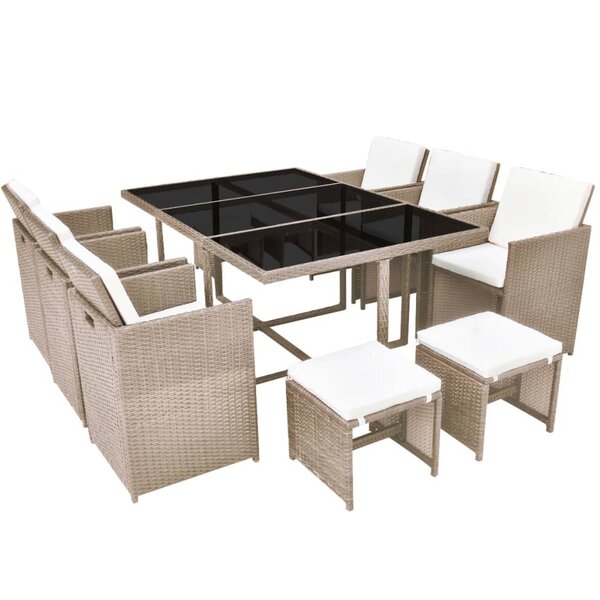 Salon de jardin meuble d'extérieur ensemble de mobilier encastrable avec coussins 11 pièces rotin beige 02_0018332