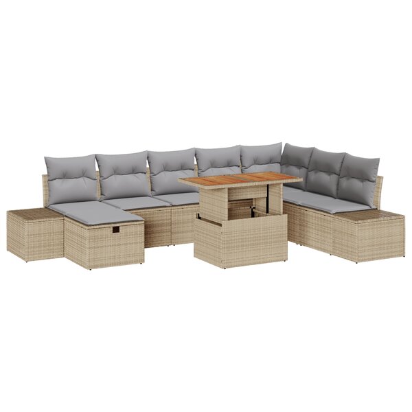 vidaXL Set de salle à manger de jardin de 9 pièces avec coussins Beige Polyrotin Acacia