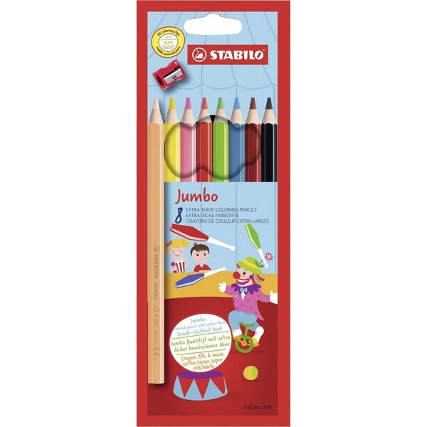 Etui carton x 8 crayons de couleur STABILO Jumbo + 1 taille crayon STABILO