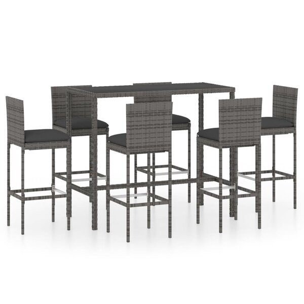vidaXL Ensemble de bar de jardin 7 Pièces et coussins Résine tressée Gris