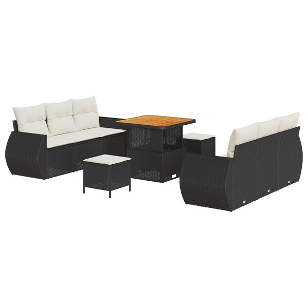 Ensemble de Canapés de Jardin 9 Pièces avec Coussins Noir Rattan Poly Acacia vidaXL