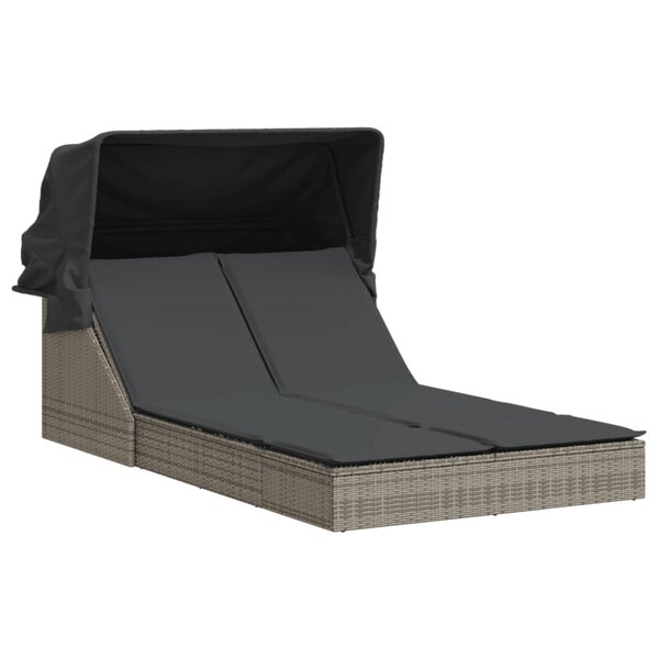 vidaXL Chaise longue double et auvent et coussins gris résine tressée