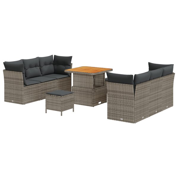 Ensemble de Canapé de Jardin 9 pièces avec Coussins Gris Rattan Poly Acacia