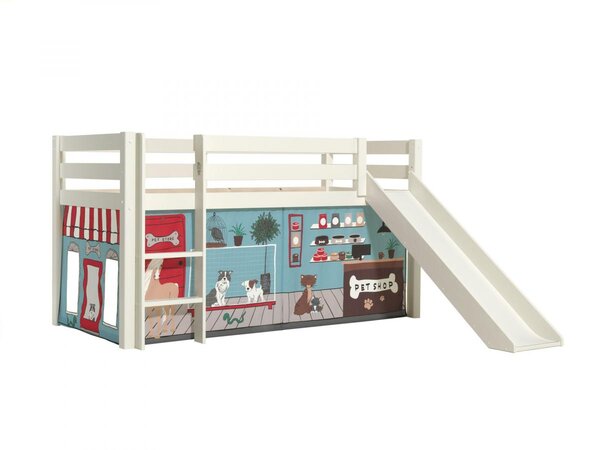 PINO Lit mezzanine avec toboggan + Rideau de lit animalerie