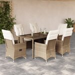 vidaXL Ensemble à manger de jardin et coussins 7 Pièces beige poly rotin
