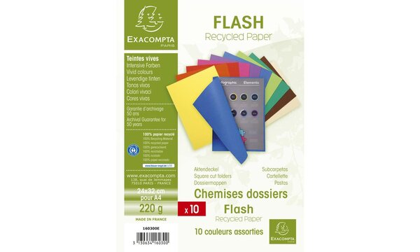 Paquet de 10 chemises 220g FLASH format A4 100 RECYCLE assortis x 10 EXACOMPTA