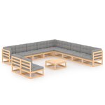 vidaXL Salon de jardin 12 Pièces avec coussins Bois de pin massif