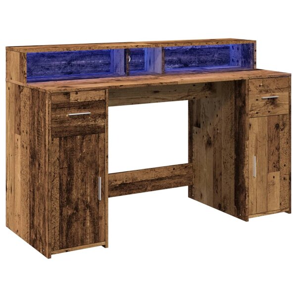 Bureau table poste de travail meuble d'ordinateur informatique étude avec lumières LED vieux bois bois d'ingénierie brun 02_0023435