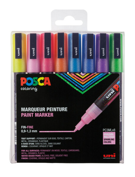 Marqueurs Posca PC3M Pointe conique fine Pailleté 8 pièces