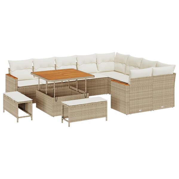 Ensemble de canapé de jardin 12 pièces avec coussins beige poly rattan acacia