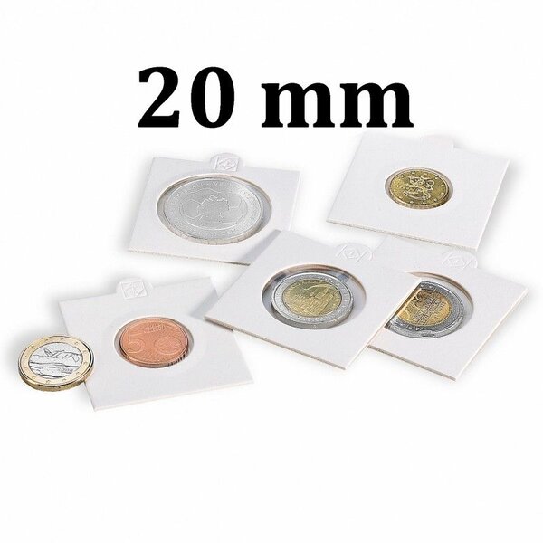Cadres cartonnés autocollant pour monnaies jusqu'à 20mm. Paquet - 100 étuis