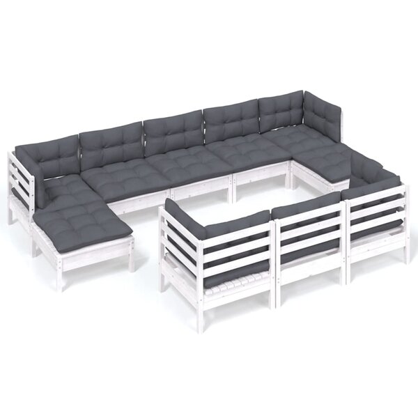 vidaXL Salon de jardin 10 Pièces avec coussins blanc bois de pin massif