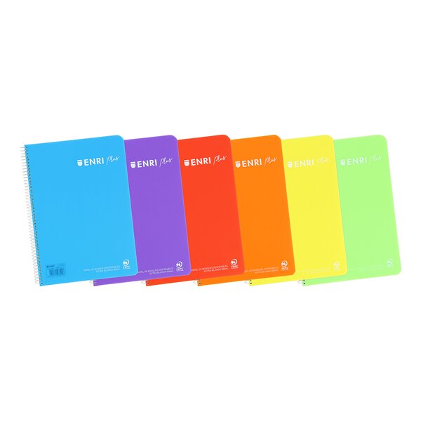 LOT de 5 Enri Plus 4ème Cahier à Spirale 5x5 - Couverture Plastique - 80 Feuilles 90gr - avec Marge - Couleurs Assorties