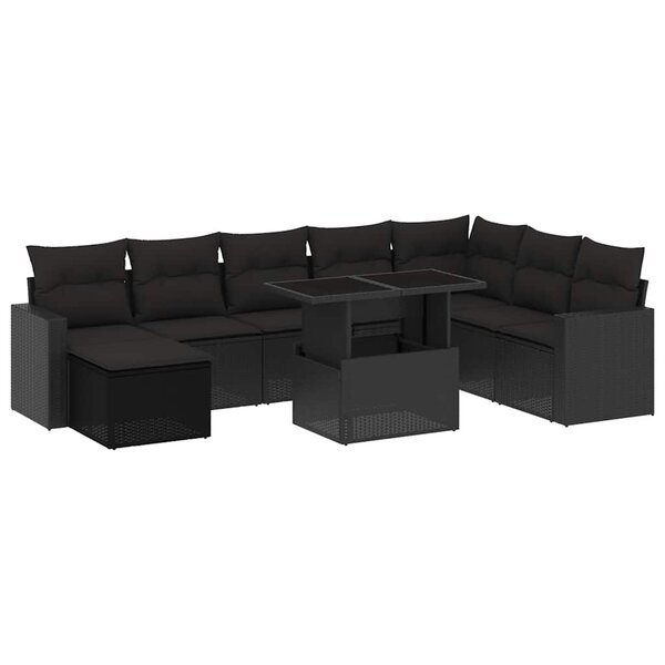 vidaXL Salon de jardin 9 Pièces avec coussins noir résine tressée