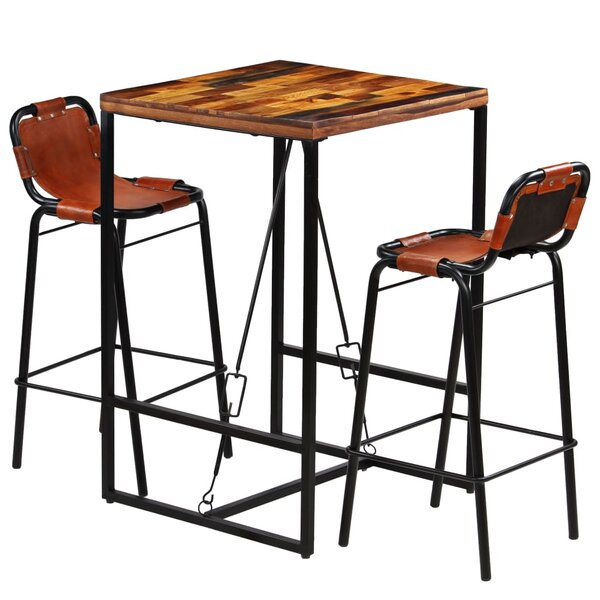 vidaXL Ensemble de bar 3 Pièces Bois massif recyclé et cuir de chèvre