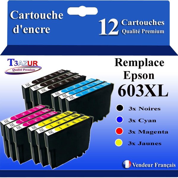 T3AZUR - 12 Cartouches Compatibles avec Epson 603 603XL Noire pour Epson Expression Home XP-2100 XP-2105 XP-3100 XP-3105 XP-4100 XP-4105 XP-4150  Workforce WF-2810 WF-2830 WF-2835 WF-2850 WF-2870