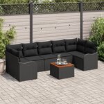 Ensemble de canapé de jardin de 8 pièces avec coussins en poly rattan noir et acacia