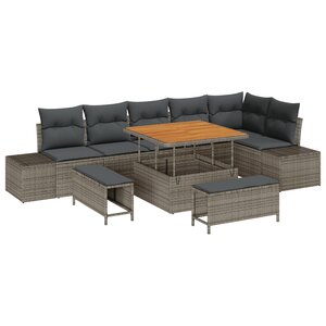 Ensemble de canapés de jardin 9 pièces avec coussins en poly rattan gris acacia