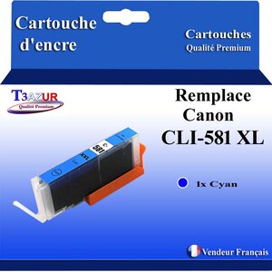 T3AZUR - Cartouche compatible avec Canon CLI581XL CLI-581 XL pour Canon Pixma TR7500 TR7550 TR8500 TR8550 TS6100 TS6150 TS6151 TS6200 Cyan