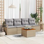 Ensemble de canapé de jardin 5 pièces avec coussins beige en rotin synthétique et acacia