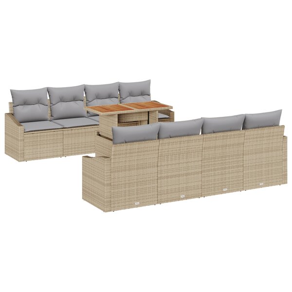 vidaXL Ensemble de repas de jardin de 9 pièces avec coussins Beige Poly Rattan Acacia