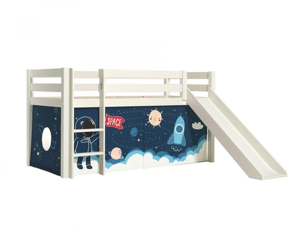 PINO Lit mezzanine avec toboggan +  Rideau pour lit en 4 parties Space