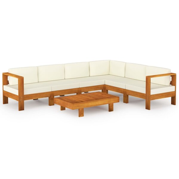 Salon de jardin meuble d'extérieur ensemble de mobilier 7 pièces avec coussins blanc crème bois d'acacia 02_0017087
