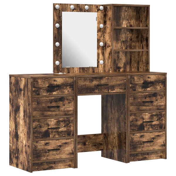Ensemble de coiffeuse 3 pièces avec LED en chêne fumé en bois d'ingénierie