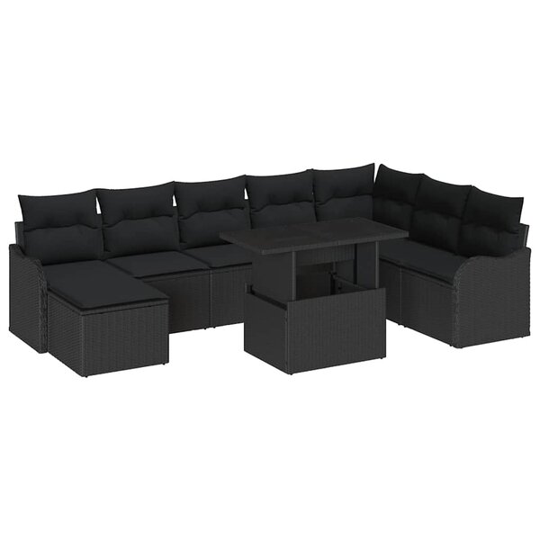 vidaXL Ensemble de canapé de jardin avec coussin 9 Pièces Noir Poly rotin