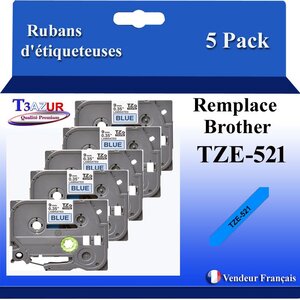 5x  Rubans d'étiqueteuses compatibles avec Brother Tze521  Tze-521 pour étiqueteuses P-touch - Texte noir sur fond bleu - T3AZUR