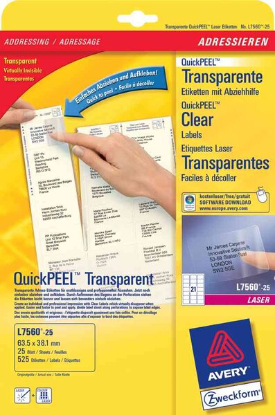 Adresses étiquettes transparentes, 63,5 x avery zweckform