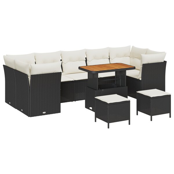 Ensemble de Canapé de Jardin 10 pièces avec Coussins Noir Poly Rattan Acacia