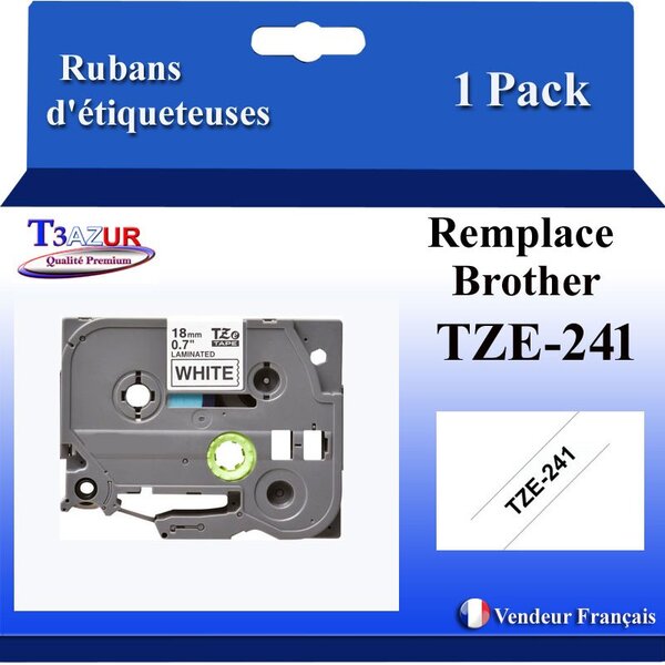 Ruban d'étiqueteuse compatible avec Brother Tze241  Tze-241 pour étiqueteuses P-touch - Texte noir sur fond blanc - Largeur 18 mm x 8 mètres - T3AZUR