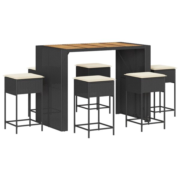 vidaXL Ensemble de bar de jardin 7 Pièces avec coussins noir poly rotin